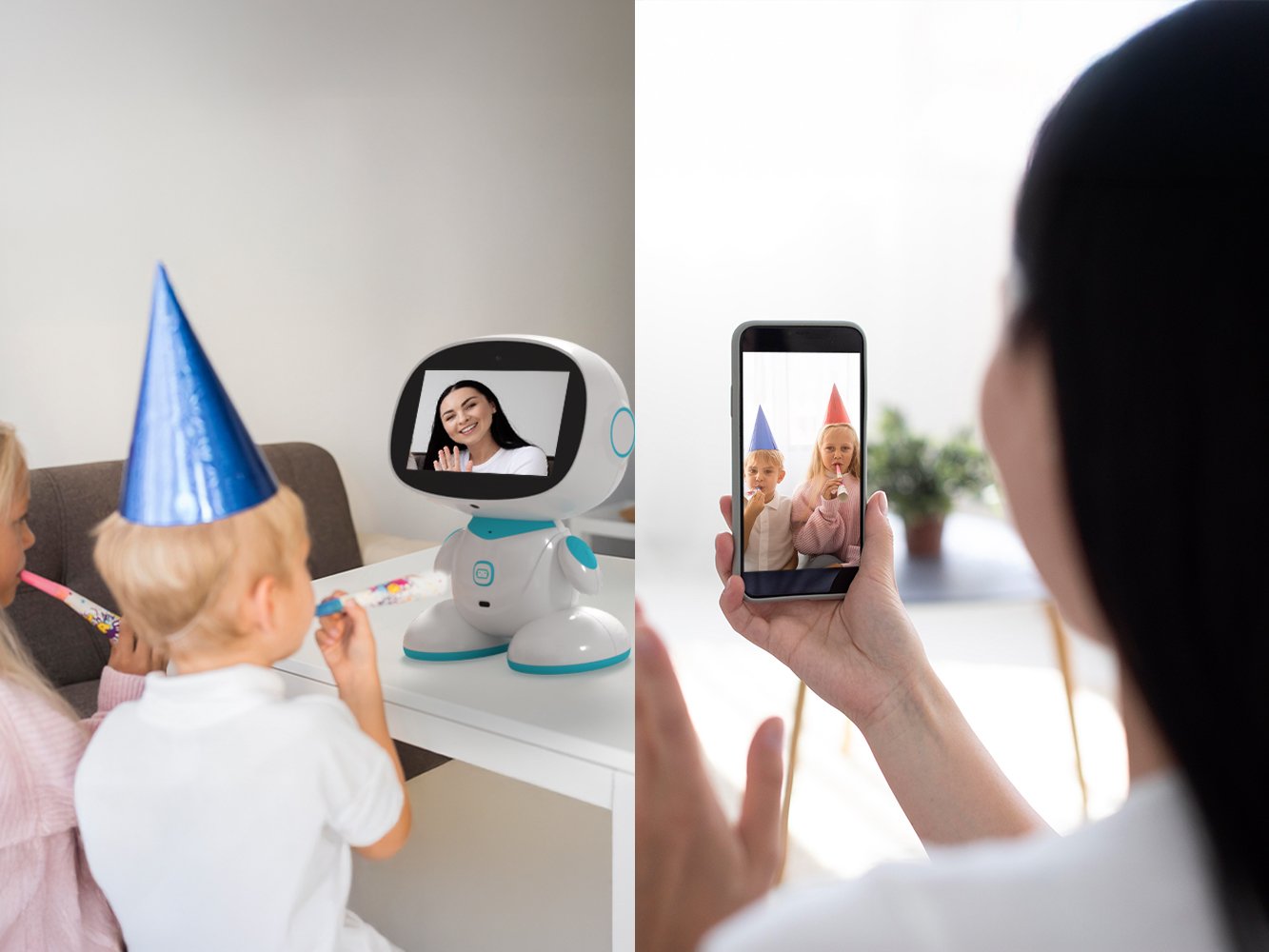 A parent video calls their child through MISA's screen