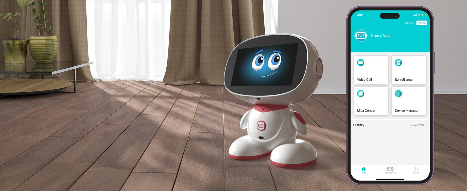 A parent remotely drives MISA through the home using the Misa Connect app