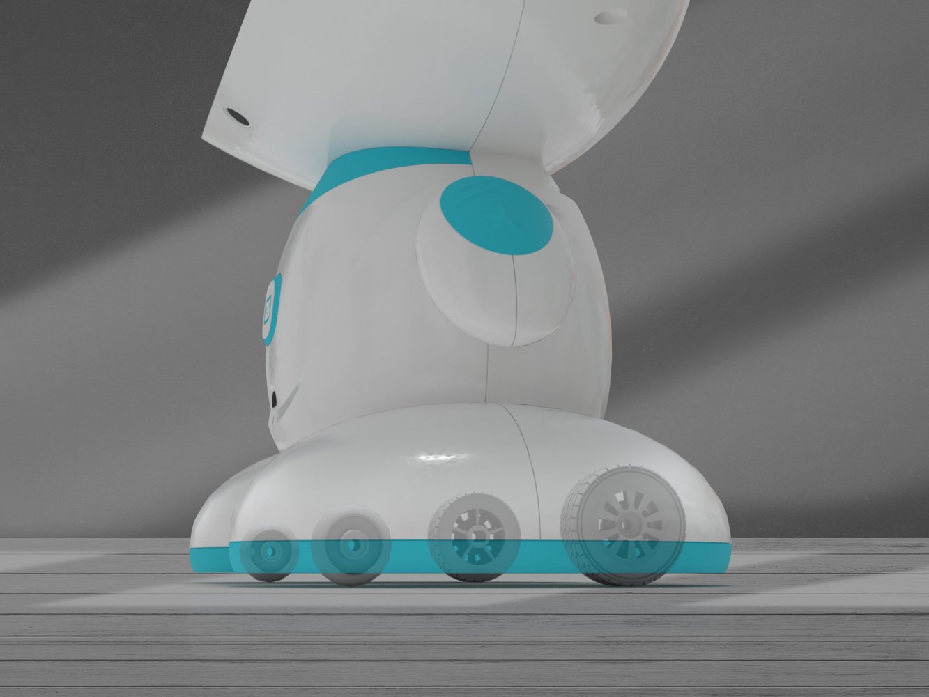 Close-up of MISA robot's four-wheel drive system
